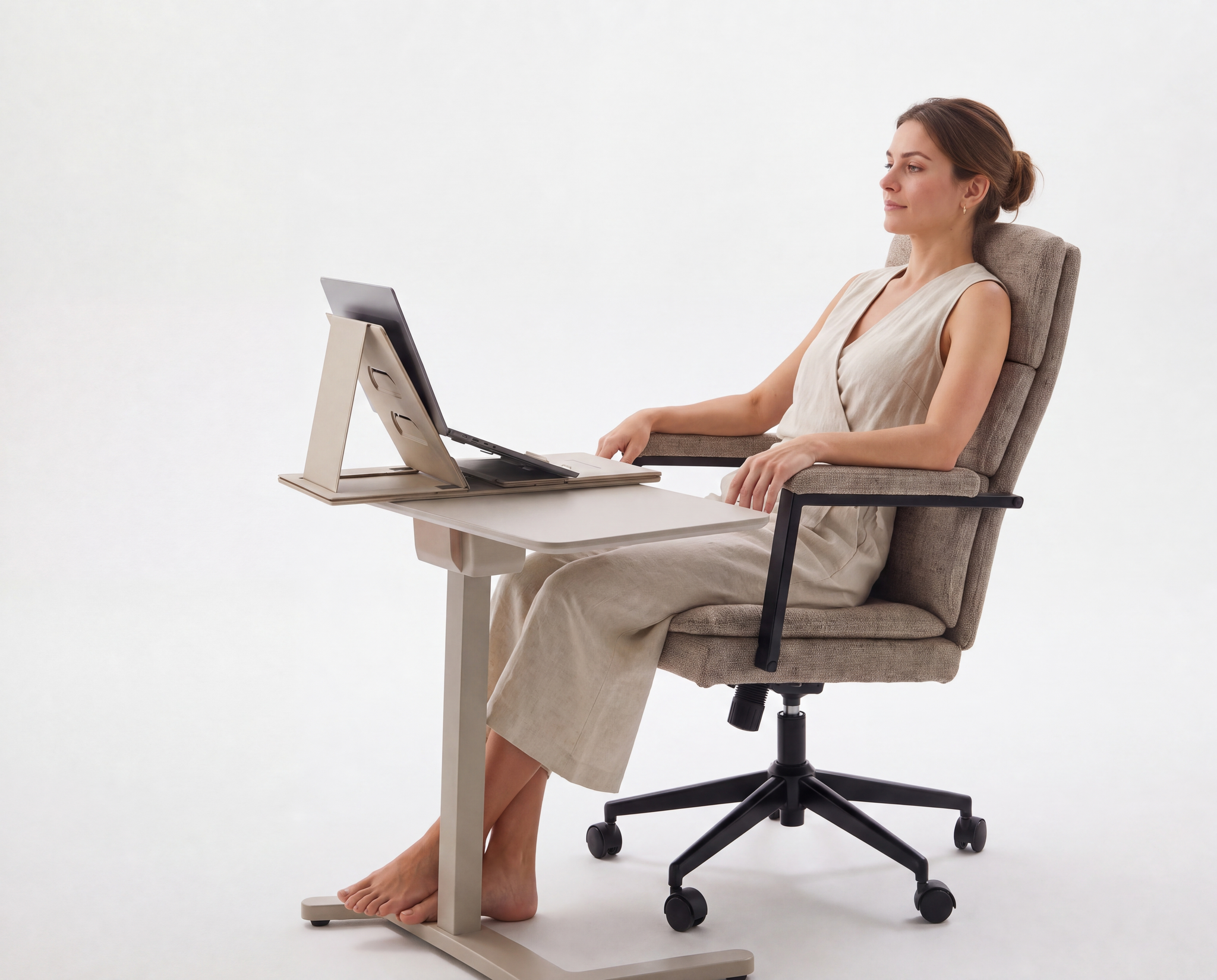 Generated with Kive.ai - Change the woman's pose so she is naturally leaning back and resting against the upholstered office chair_ with a relaxed_ comfortable posture. Keep her appearance_ European identity_ .png