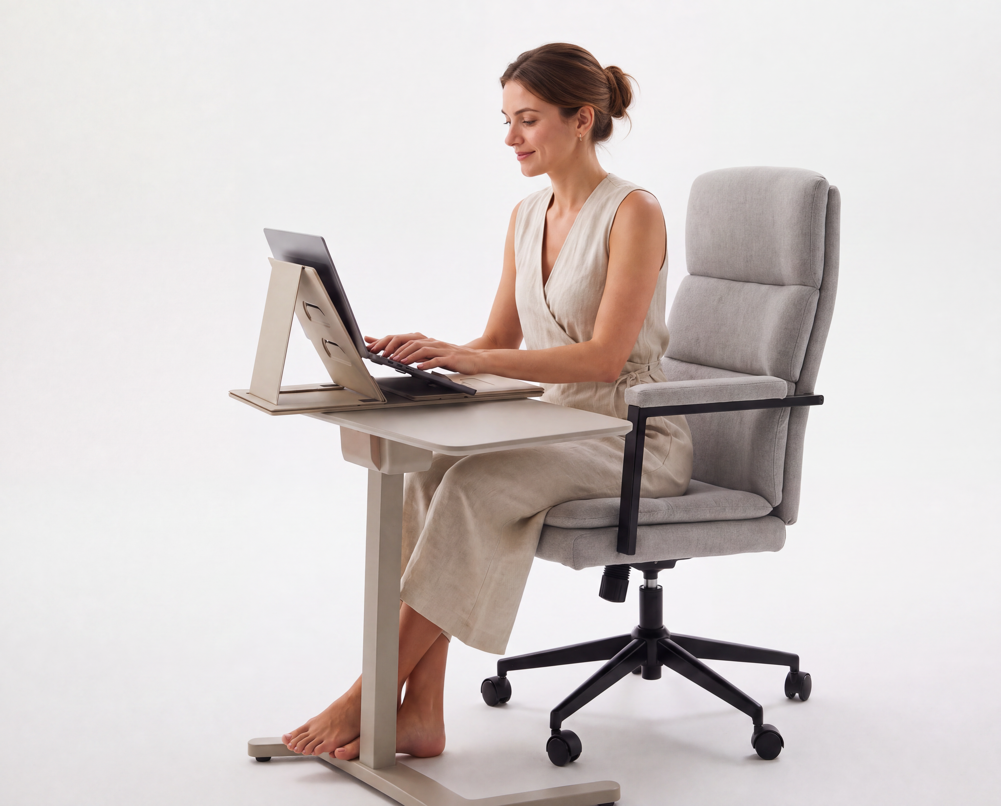 Generated with Kive.ai - Replace only the existing beige office chair with the exact grey upholstered office chair shown in the reference image high segmented padded back and seat_ light grey fabric_ black arm.png