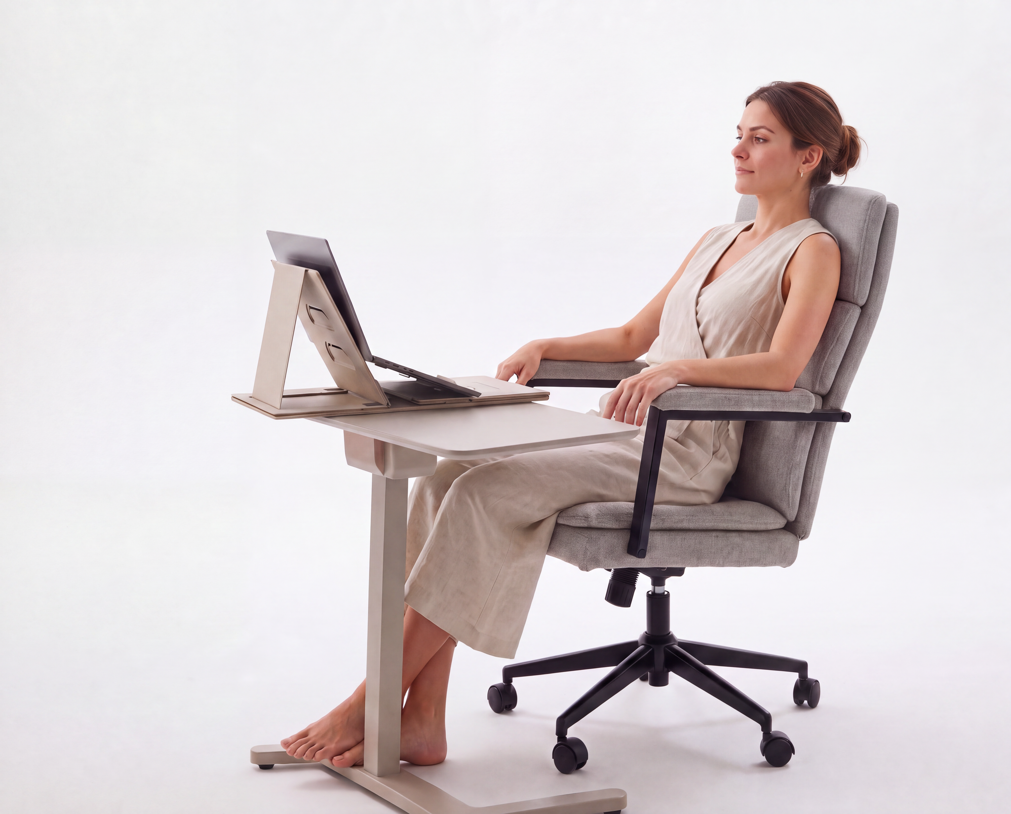 Generated with Kive.ai - Replace the current beige upholstered office chair with the exact grey upholstered office chair shown in the reference image grey fabric segmented back and seat_ black arm supports_ an.png