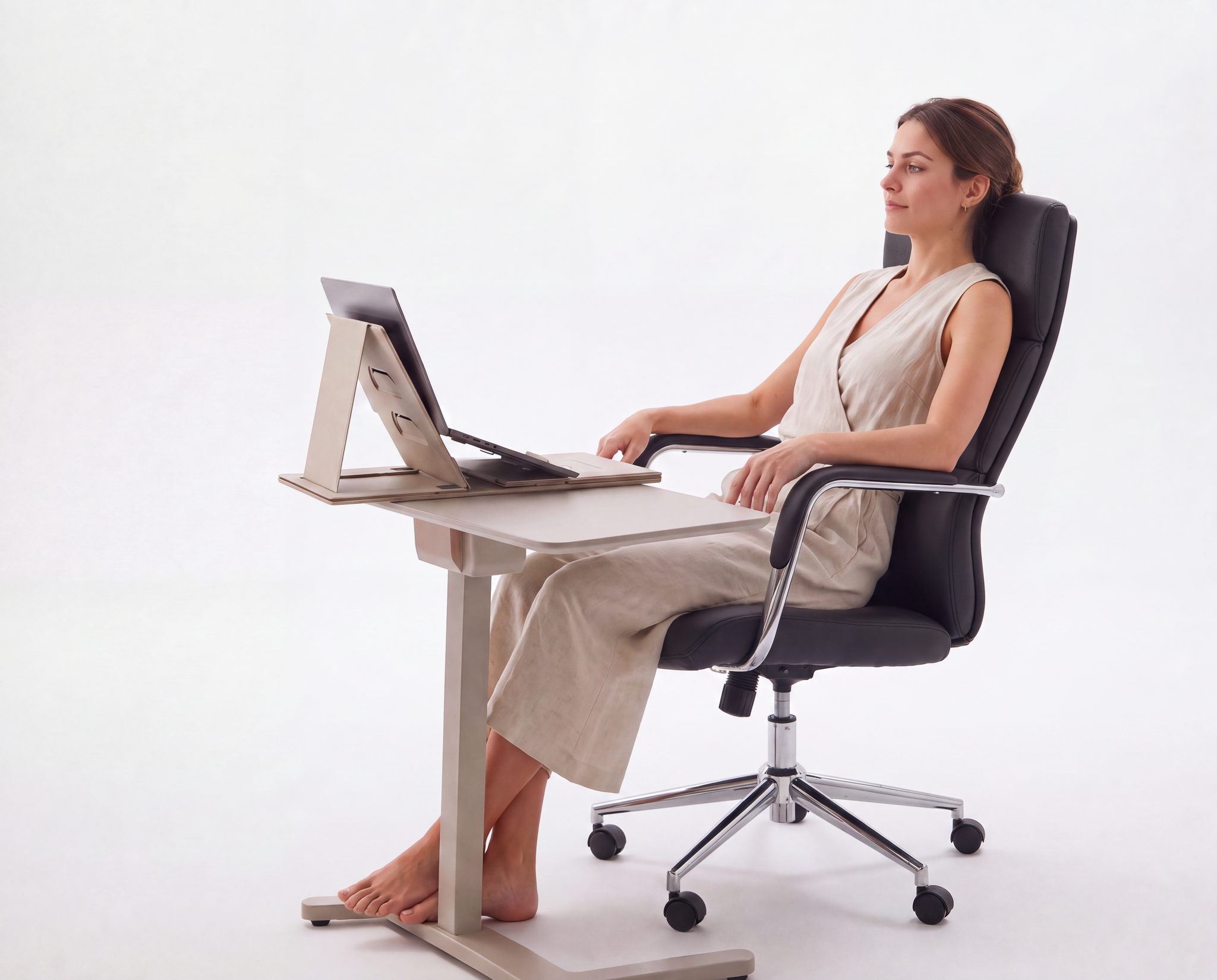 Generated with Kive.ai - Replace the upholstered office chair with the specified black leather office chair from the reference image. Keep the woman exactly the same_ including her European appearance_ leaning.png