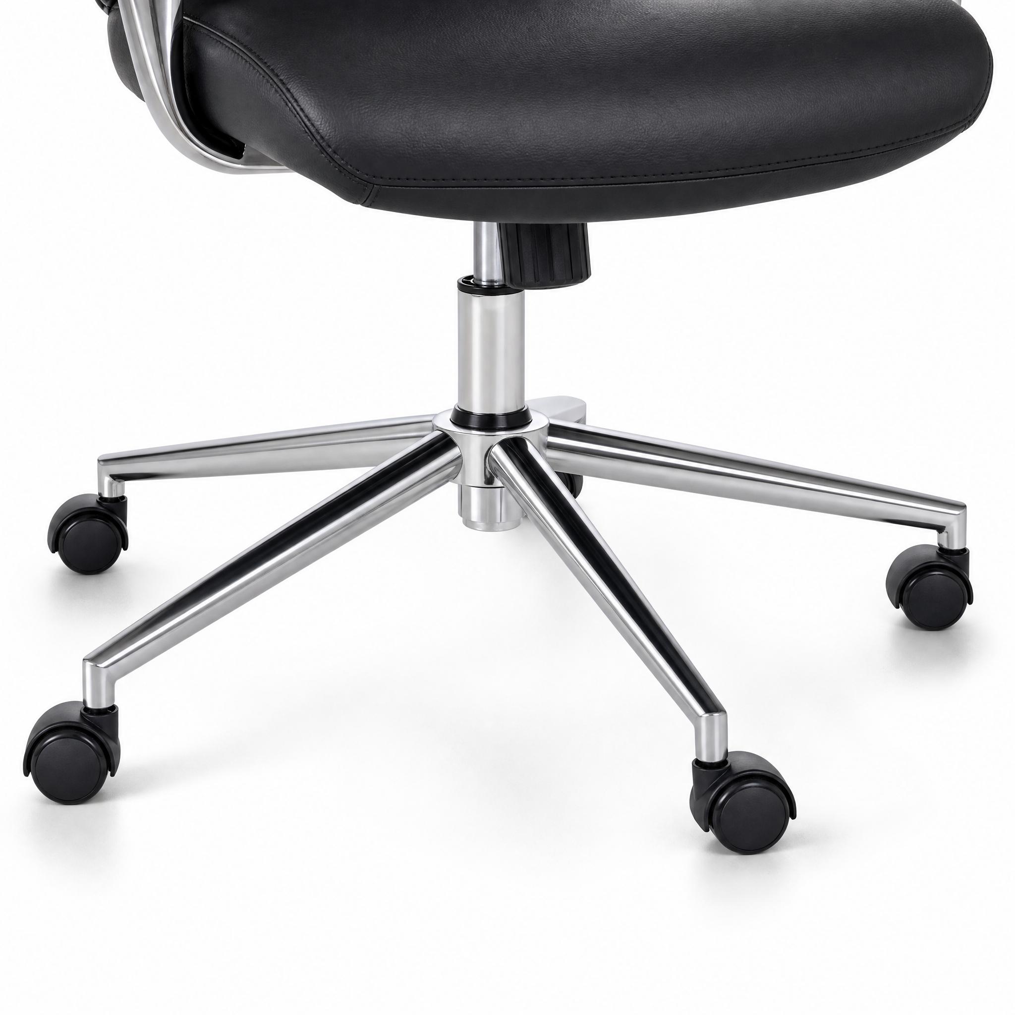 Generated with Kive.ai - Close-up product photograph of the caster base of Black office chair_ tightly framed on the central lift cylinder_ five brushed-metal legs_ and black caster wheels. Show the lower edge.png