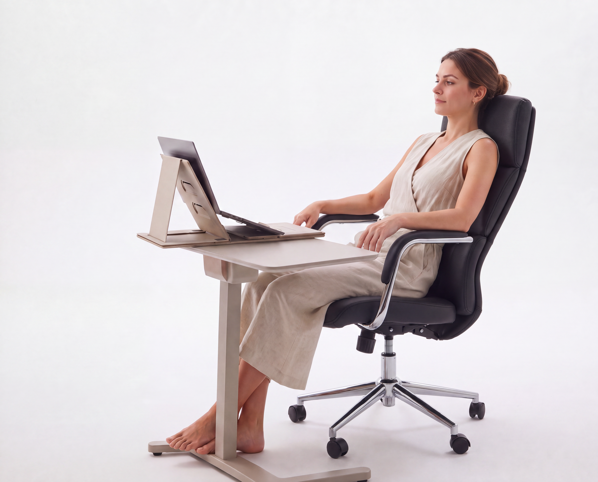 Generated with Kive.ai - Replace the existing upholstered office chair with the exact black leather reclining office chair shown in the reference image_ including its tall padded back_ black seat_ chrome arm s.png