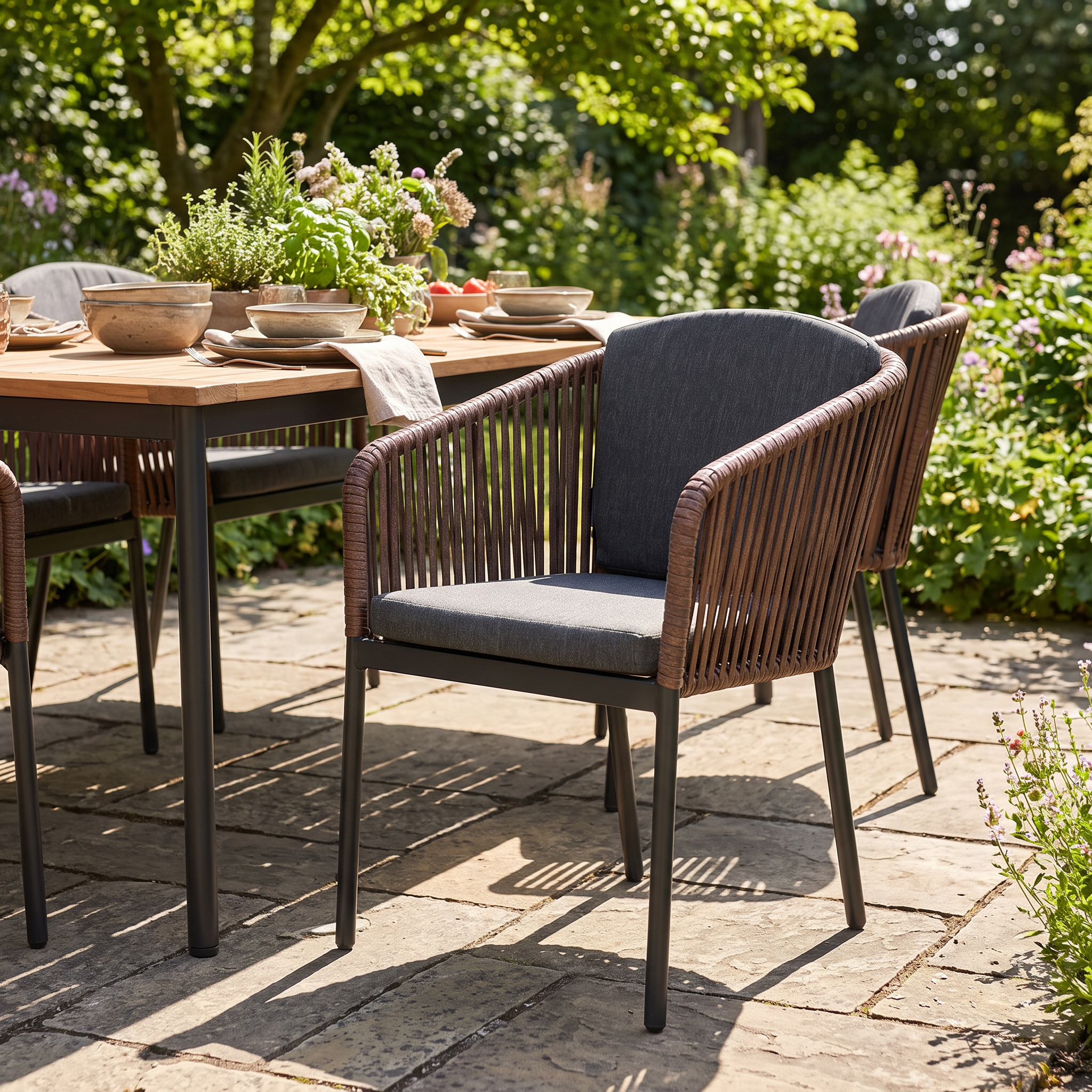 Generated with Kive.ai - make a sunny garden dining set with this chair. dont change the chair keep every details.Woven cushioned armchair.png