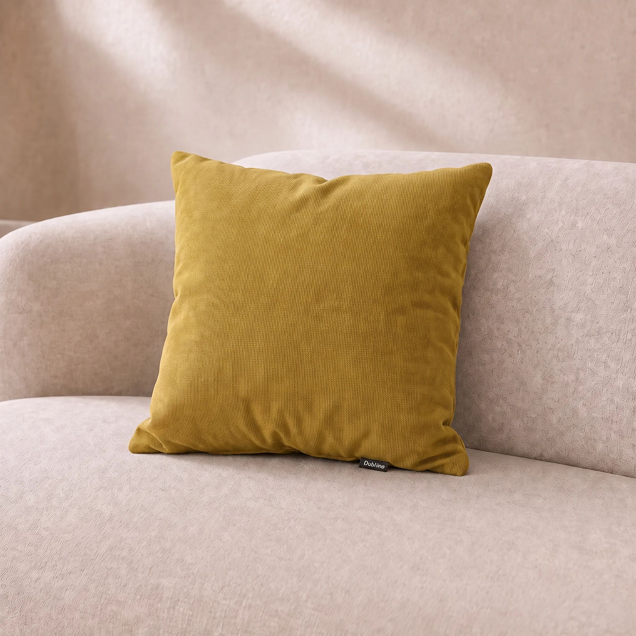 Generated with Kive.ai - Edit only the central pillow in Image 1. Match its appearance to the pillow in Image 2 rich mustard-yellow color and the same fine woven fabric texture and natural tonal variation. .png – termékkép